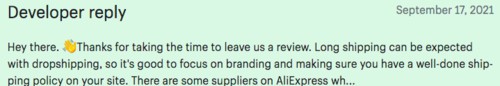 Oberlo 앱 페이지의 최고 리뷰 중 하나에 대한 개발자의 응답