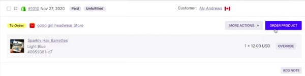 Oberlo에서 제품을 주문하는 방법의 예