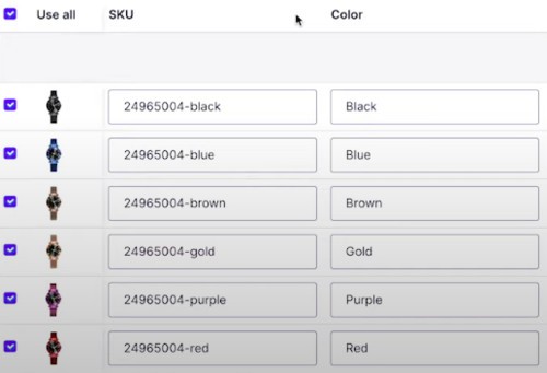 Oberlo의 변형 탭에서 제품 변형을 확인할 수 있습니다.