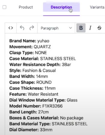 Oberlo의 제품 설명을 편집하는 방법의 예