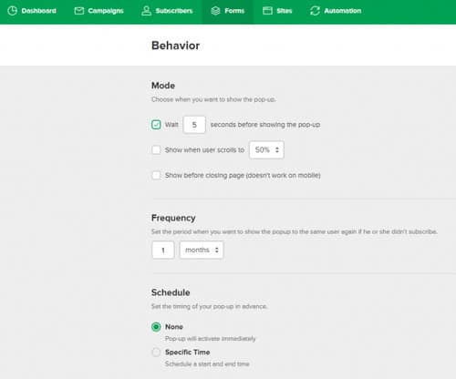 Sie können das Verhalten von MailerLites Popup einstellen