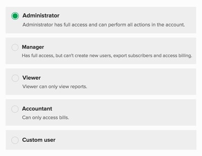 MailerLite bietet 4 Benutzertypen mit jeweils unterschiedlichen Berechtigungsstufen