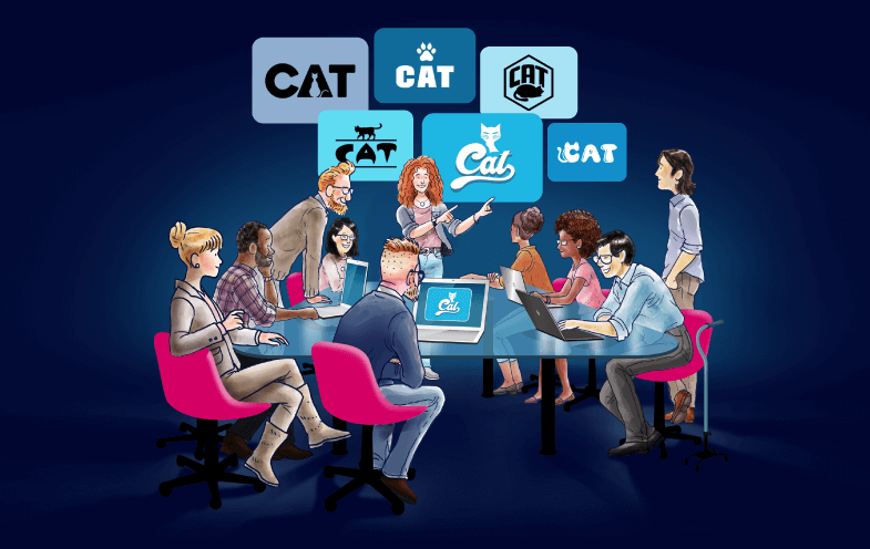 pessoas ao redor de uma mesa discutindo conceitos de design de logotipo