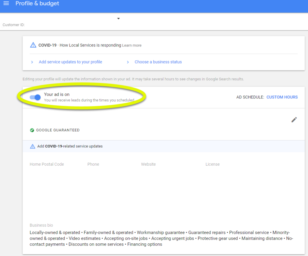 Google 本地服務配置文件狀態