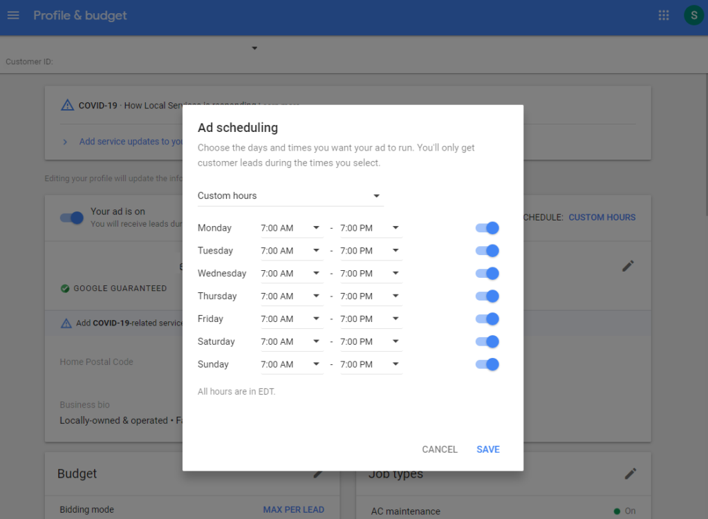 Google 本地服務廣告投放時間