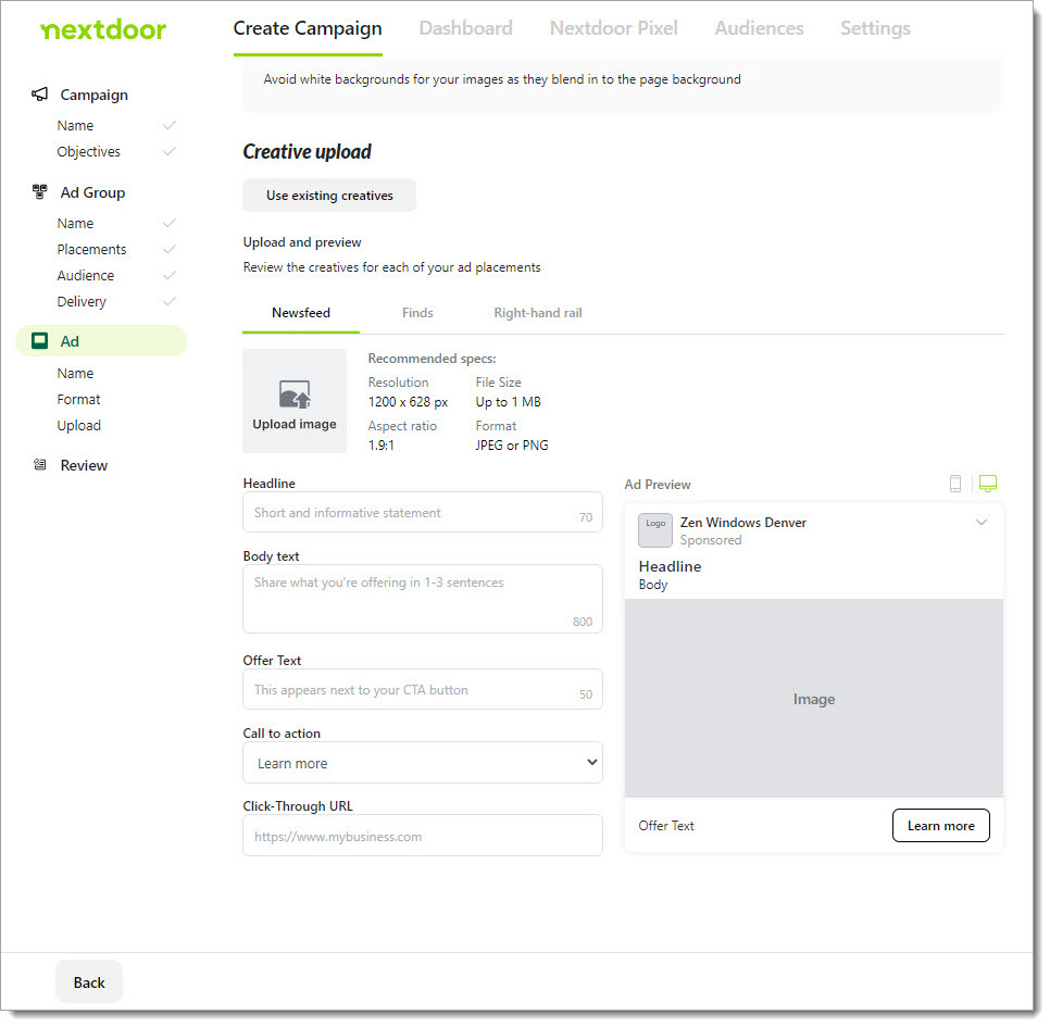 Écran de téléchargement des créations Nextdoor Ad Center
