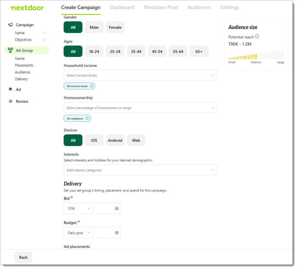 Options de diffusion des annonces de Nextdoor Ad Center