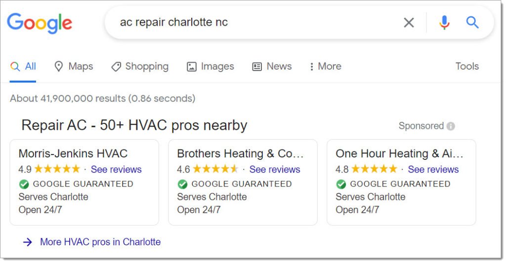 Ejemplo de anuncio de servicios locales de HVAC de Google