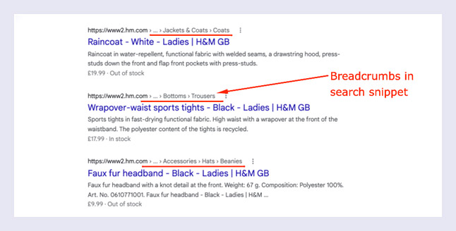migas de pan en los resultados de búsqueda
