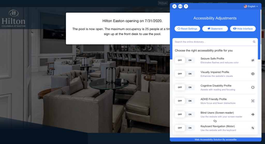 Вот пример интерфейса accessiBe на веб-сайте отелей Hilton.