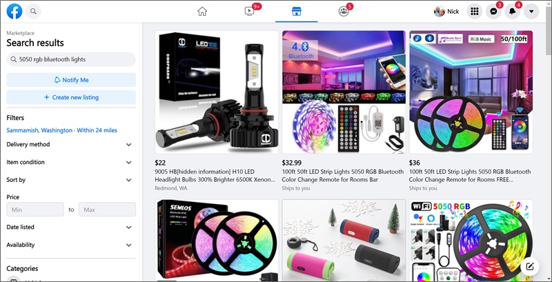 résultats de la recherche du marché fb