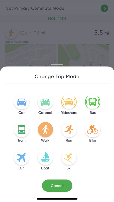 Ändern Sie den Reisemodus in der Meilen-App