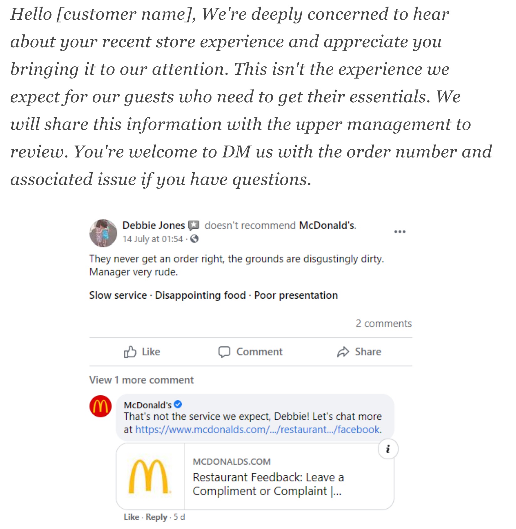 Sumber: https://statusbrew.com/insights/customer-service-scripts/ & https://www.facebook.com/McDonalds/
