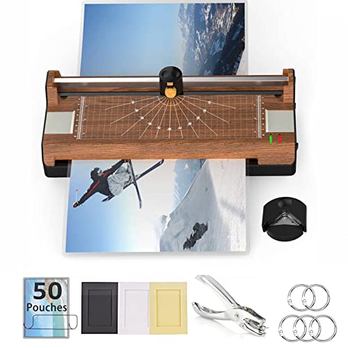 Mesin Laminator 7 in 1 dengan Laminating Sheets, 13 inches A3 A4 A6 Thermal Laminator Laminator Machine dengan 50 Pouch untuk Office Home School Use, Corner Rounder (Kayu)