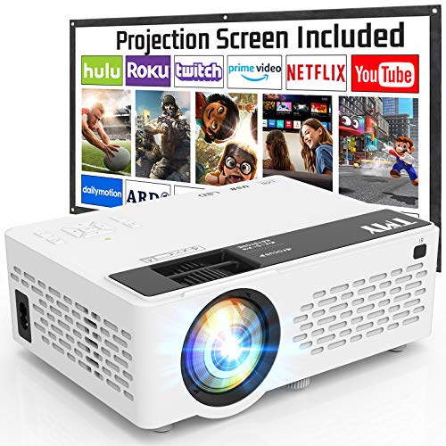 Proyector TMY 7500 lúmenes con pantalla de proyector de 100 pulgadas, proyector de video compatible con 1080P Full HD, mini proyector de película compatible con T-V Stick HDMI VGA USB TF AV, para cine en casa y películas al aire libre.
