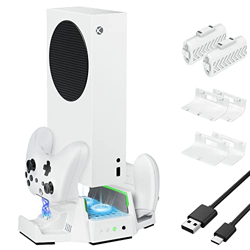 Soporte vertical con ventilador compatible con Xbox Series S, estación de carga dual ZAONOOL con batería recargable de 2 piezas y 2 puertos USB, indicador LED Sistema de enfriamiento ajustable de 3 velocidades para Xbox Series S