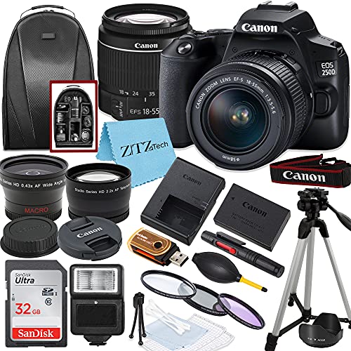Appareil photo reflex numérique Canon EOS 250D / Rebel SL3 avec objectif EF-S 18-55 mm + carte mémoire SanDisk 32 Go + trépied + étui + objectifs grand angle + ensemble d'accessoires ZeeTech (lot de 20 pièces)
