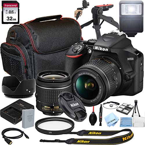 Kit appareil photo reflex numérique Nikon D3500 avec objectif zoom VR 18-55 mm, mémoire 32 Go, étui, trépied avec poignée et plus encore (lot de 28 pièces)