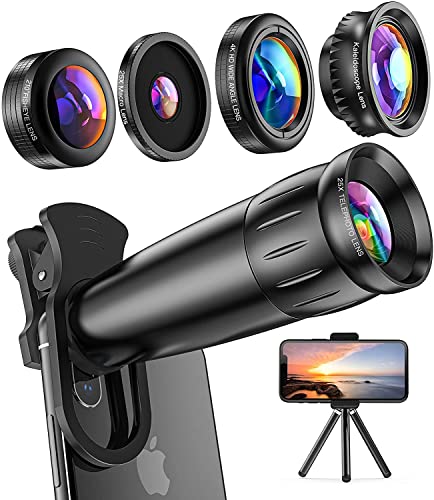 Lente de cámara de teléfono LIERONT, lente teleobjetivo 25X para iPhone Samsung Pixel, lente gran angular 4K HD 0.65X y lente macro 25X (atornillados juntos), lente ojo de pez de 210 °, lente caleidoscopio