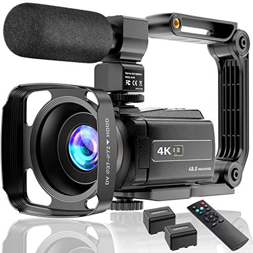 4K 攝像機攝像機 UHD 48MP WiFi IR 夜視 Vlogging 攝像機，適用於 YouTube 觸摸屏 16 倍數碼變焦攝像機，帶麥克風、手持穩定器、遮光罩、遙控器、2 節電池