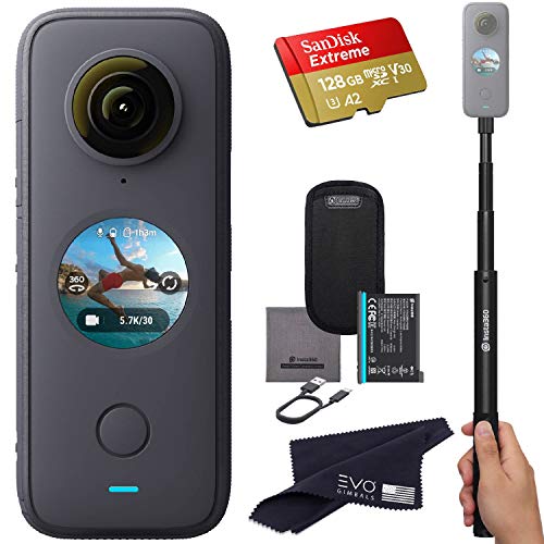 Insta360 ONE X2 360 帶觸摸屏相機 - 5.7K30 360 視頻，前置穩定攝像頭模式，18MP 360 照片 + InstaPano |套裝包括隱形自拍杆（120 厘米）和 128GB 存儲卡（3 件）