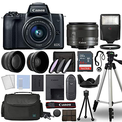 Canon EOS M50 Mark II Boîtier d'appareil photo numérique sans miroir Noir avec objectif Canon EF-M 15-45 mm f/3.5-6.3 STM 3 objectifs avec ensemble complet d'accessoires + 64 Go + flash + étui/sac et plus encore - Modèle international