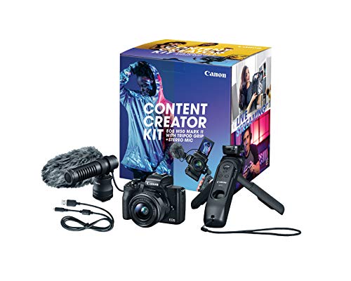 Kit de création de contenu Canon EOS M50 Mark II, kit de caméra de vlogging 4K sans miroir comprenant un objectif EF-M 15-45 mm, une poignée de trépied, un microphone stéréo