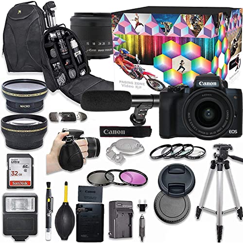 Appareil photo numérique sans miroir EOS M50 Mark II avec kit d'objectif 15-45 mm (noir) + objectif grand angle + téléobjectif 2X + flash + carte mémoire SD SanDisk 32 Go + ensemble d'accessoires vidéo