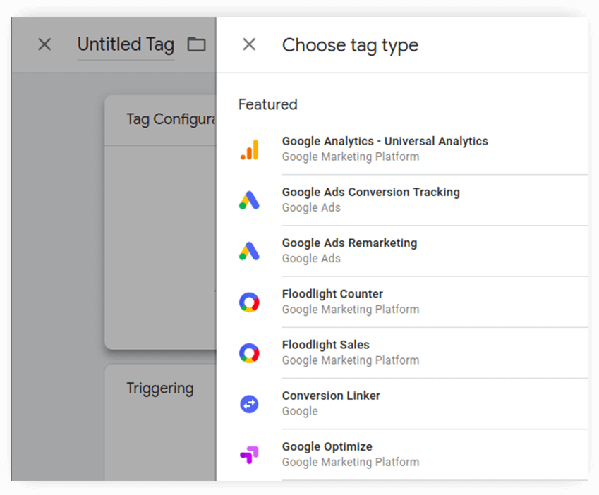 sélection du type de balise dans Google Tag Manager