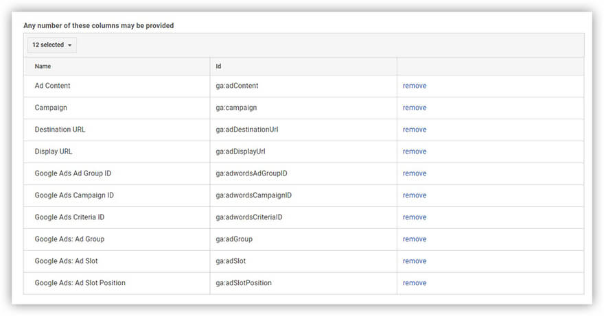 데이터 세트 스키마의 매개변수 선택