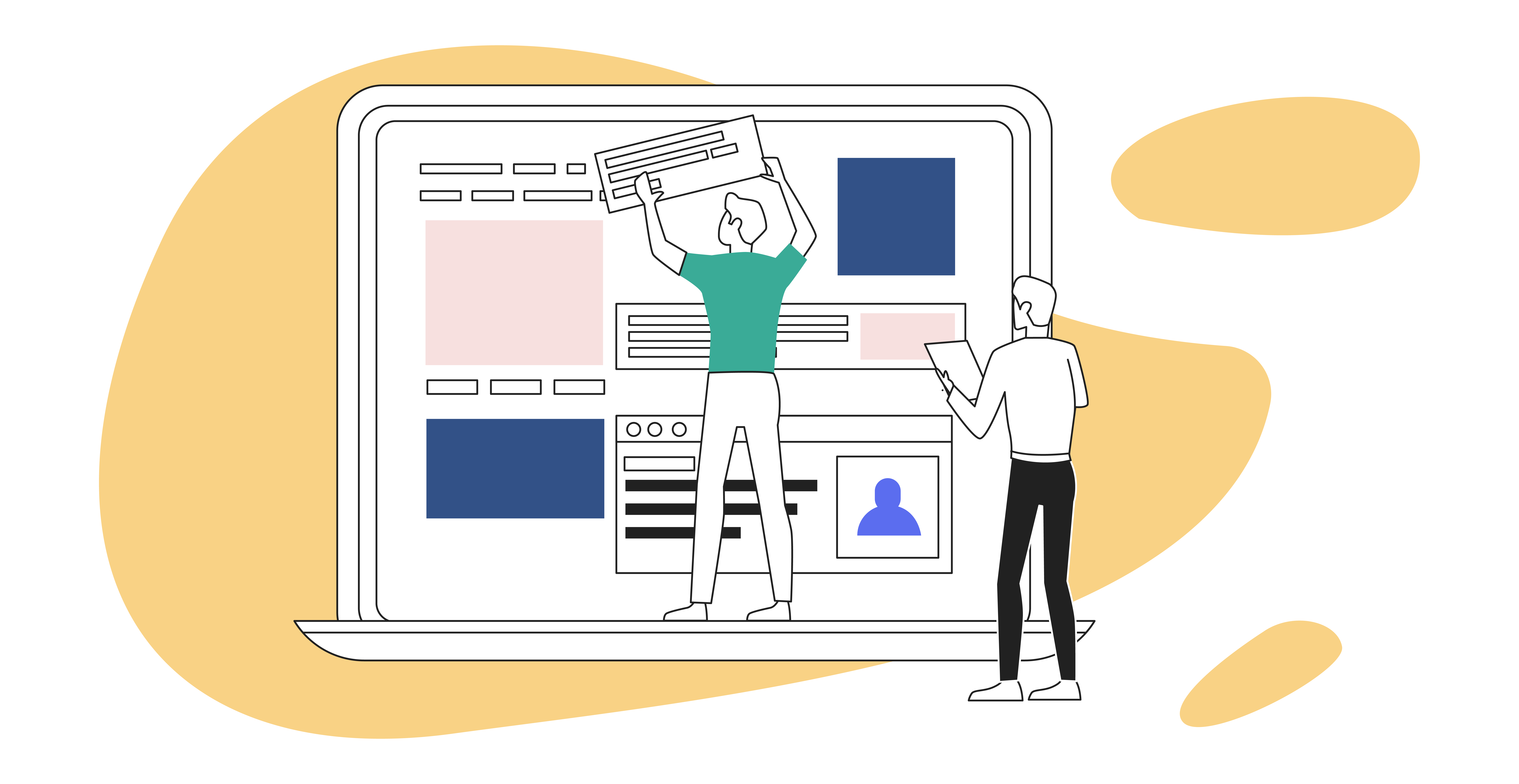 رسم تخطيطي لرجلين يقومان بتجميع شبكة ويب على شاشة كمبيوتر محمول