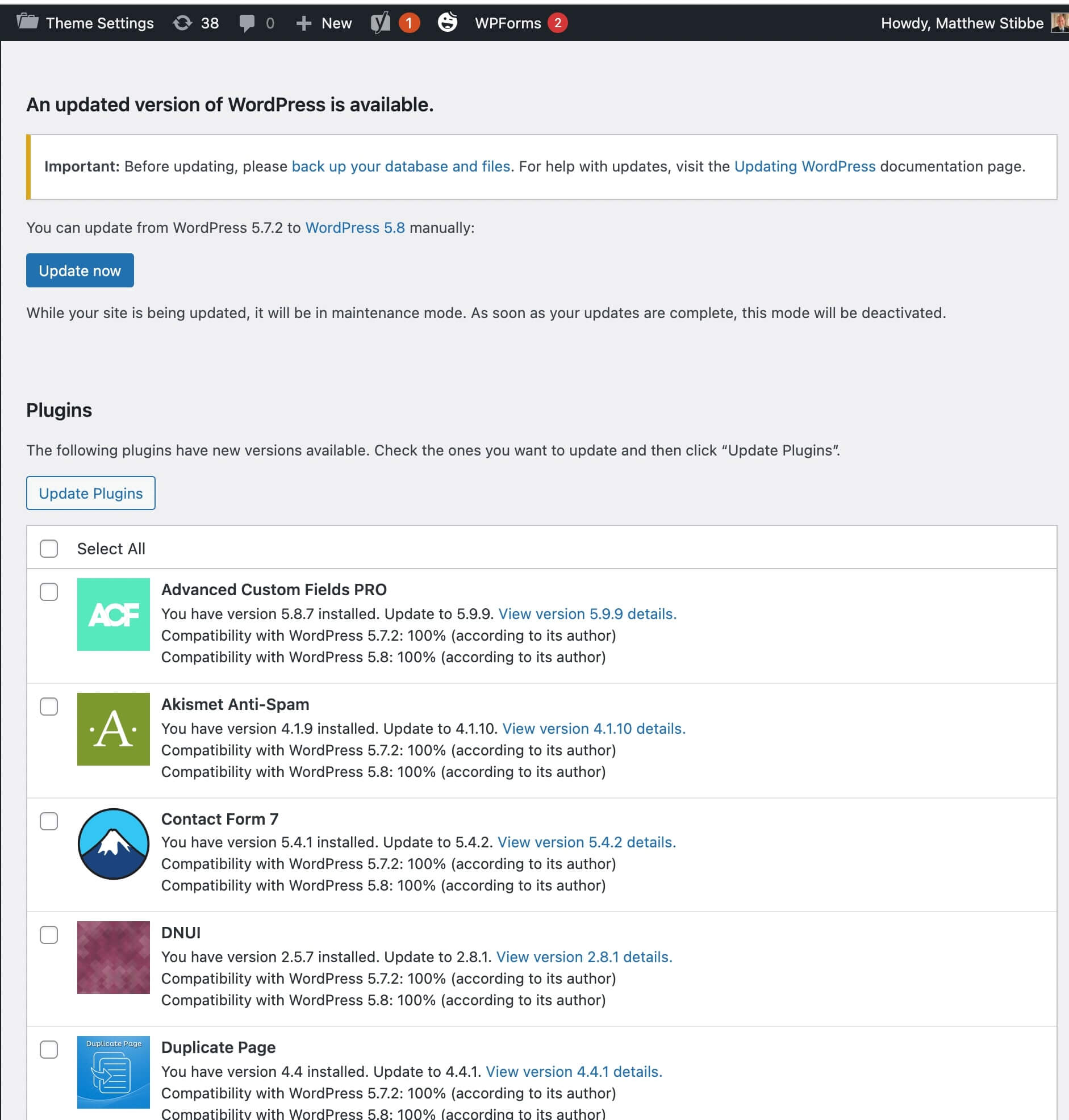 WordPress를 통한 HubSpot - 38개 플러그인이 업데이트되지 않음
