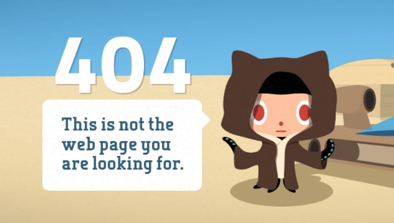Como executar testes de garantia de qualidade (QA) em seu novo site - a imagem mostra a página 404 com tema Star Wars do GitHub 'Esta não é a página da Web que você está procurando'