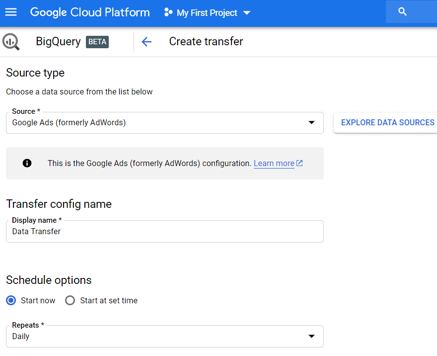 Configuración de transferencia de datos