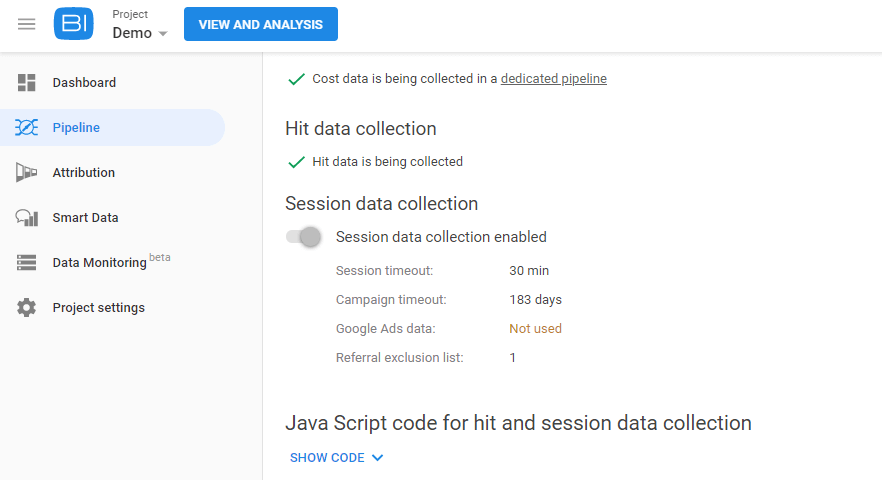 Configuración de canalización de BI de OWOX