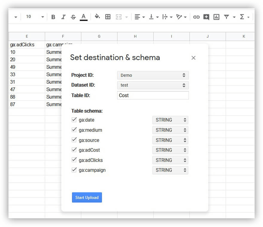 宛先とスキーマを設定する