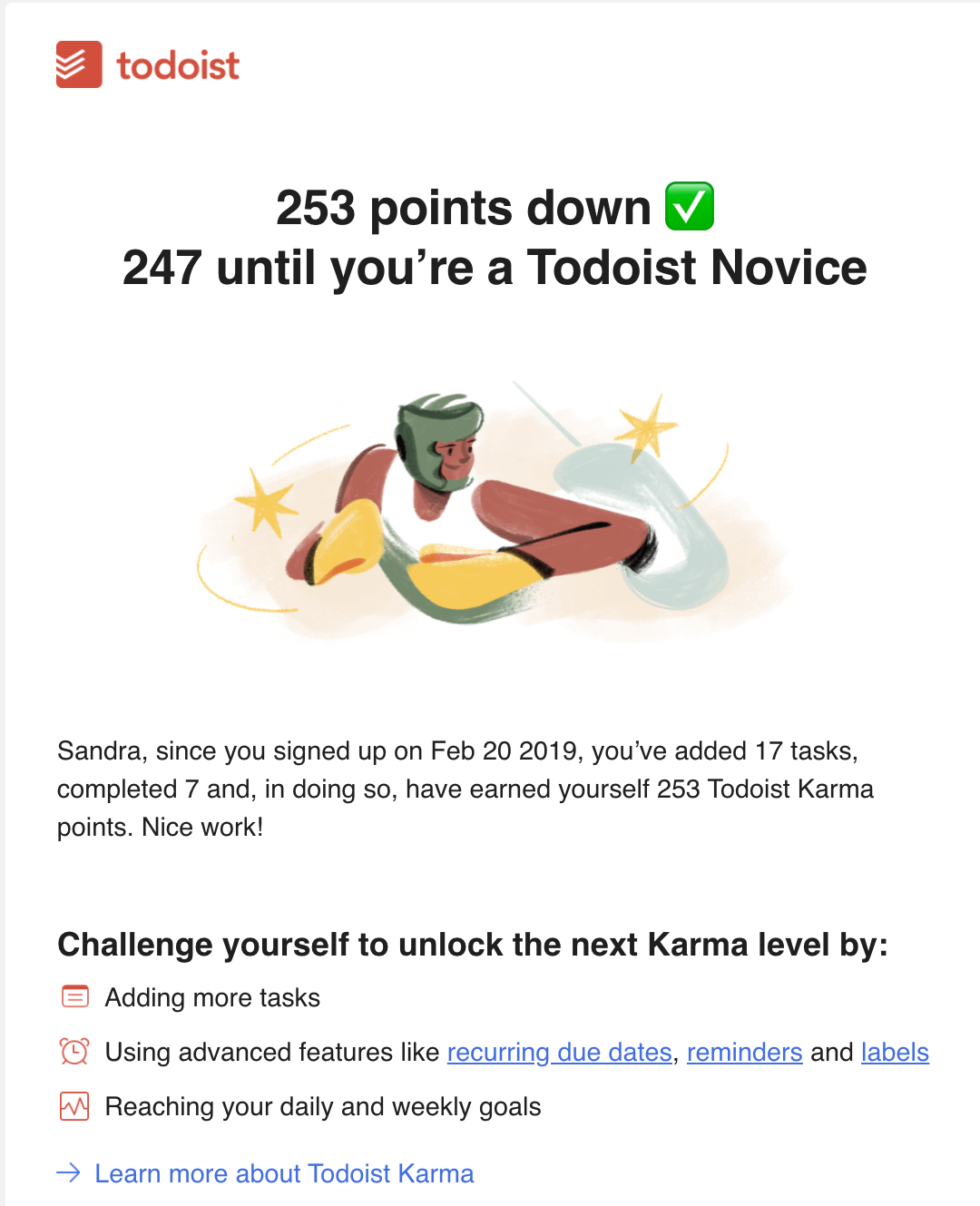 Todoist: e-mail de marketing pentru promovarea conducerii