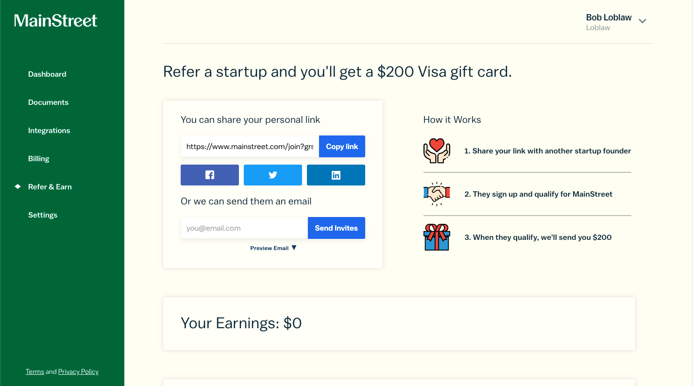 Painel do programa de indicações