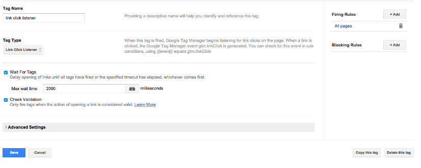 リンククリックリスナーグーグルタグマネージャートラックダウンロードグーグルアナリティクス