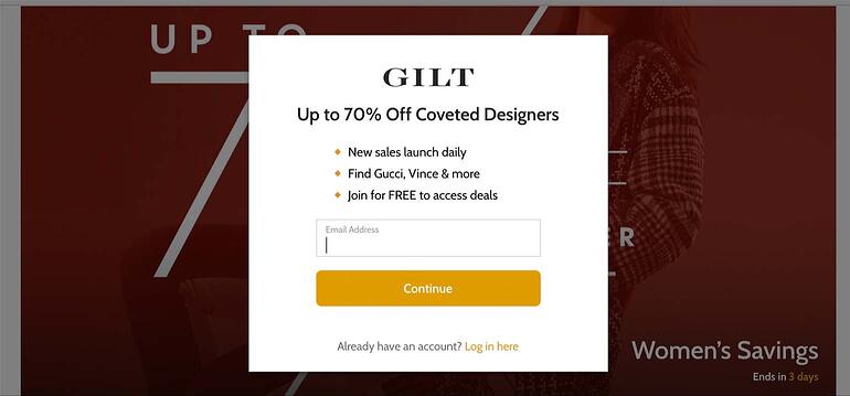 Ventana emergente de ventas flash de comercio electrónico Gilt
