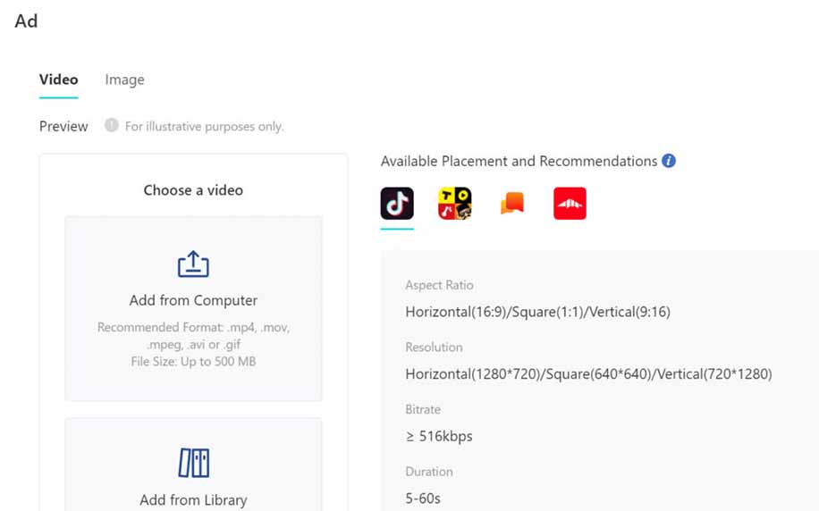 un'immagine della home page di creazione di un annuncio tiktok