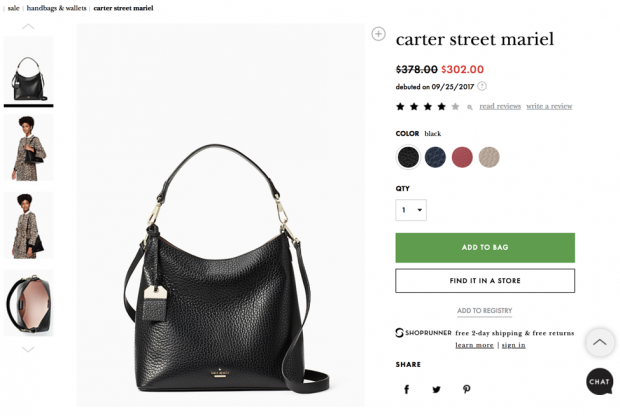 Screenshot della pagina di pagamento di Kate Spade