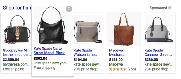 Screenshot delle borse di Google Shopping