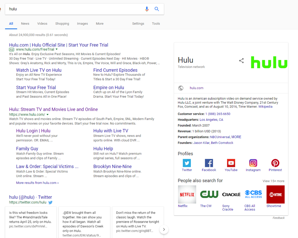 screenshot dei risultati di hulu serp