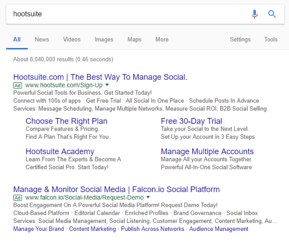 screenshot della serp di hootsuite