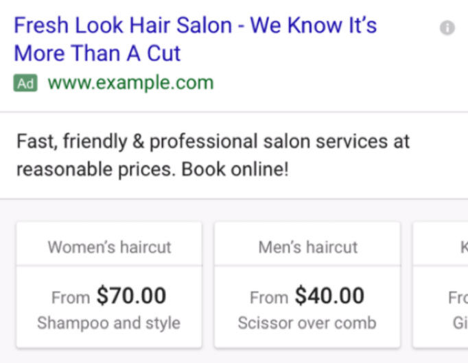 Google広告の価格設定拡張機能のスクリーンショット