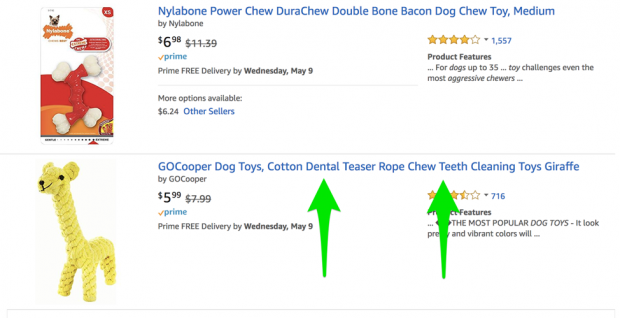 Beispiele für Schlüsselwörter in Amazon-Produktergebnissen