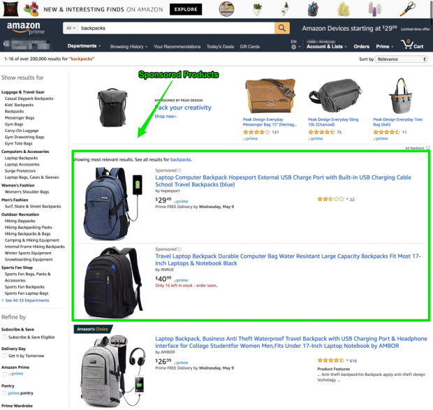 Screenshot der von Amazon gesponserten Produkte