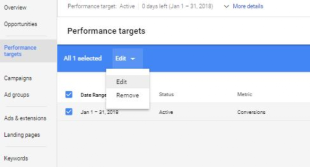 Leistungsziele im AdWords-Screenshot bearbeiten