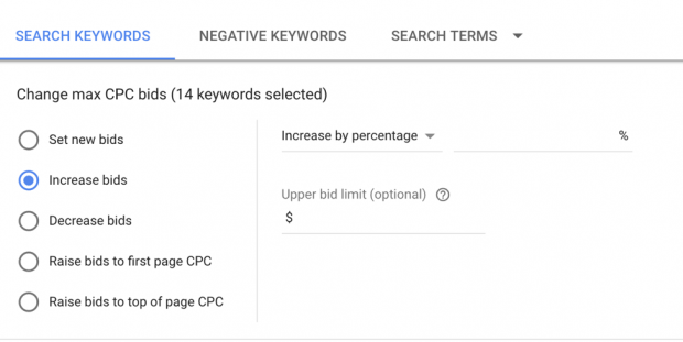 Screenshot „Gebote erhöhen“ in AdWords